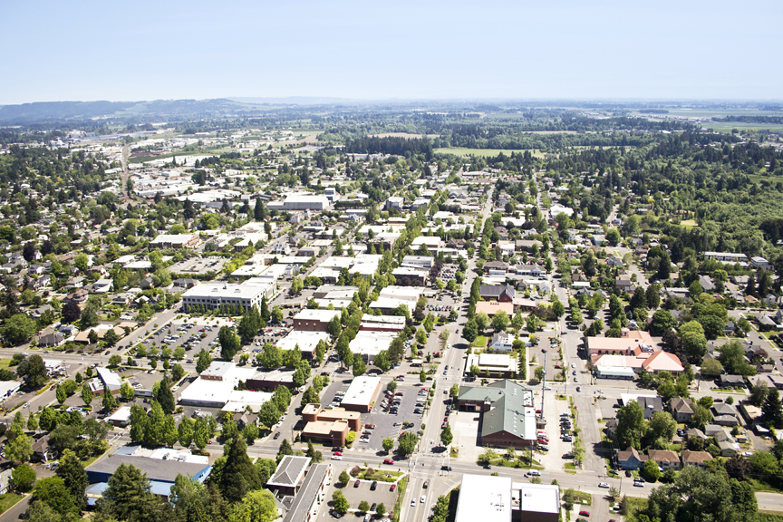 An aerial view of downtown McMinnville