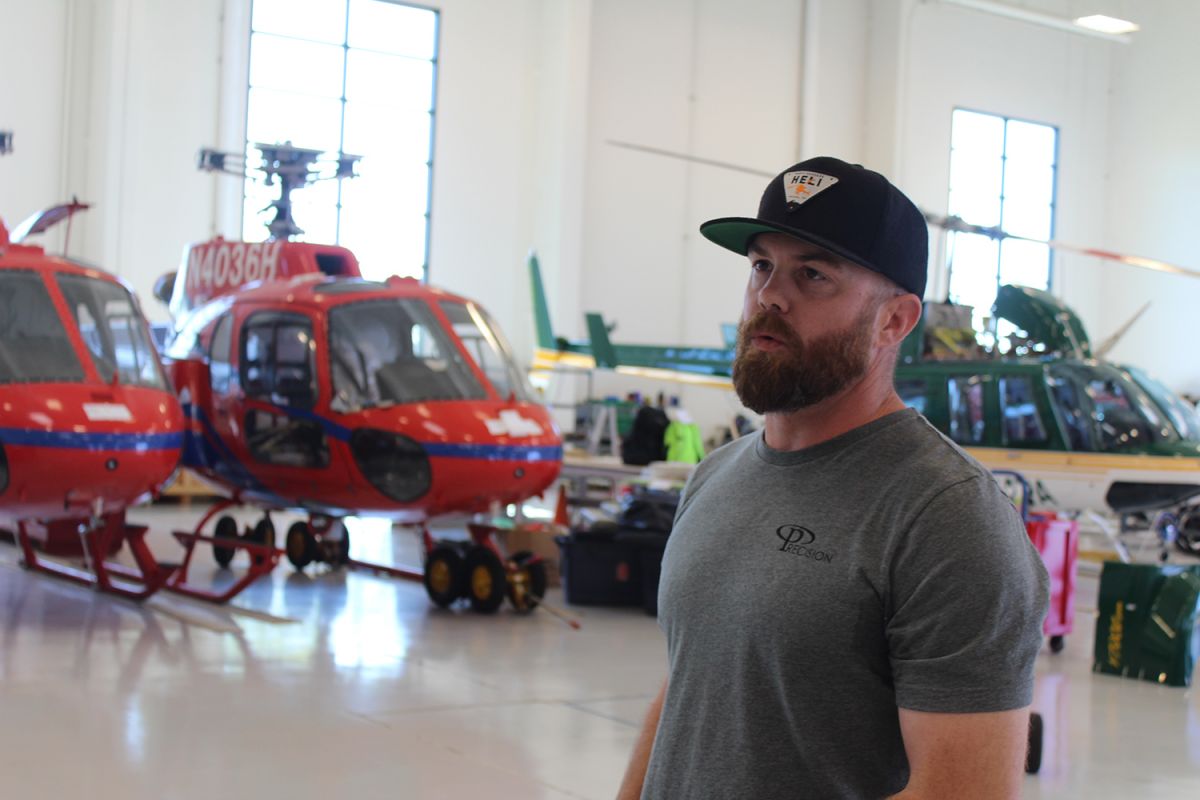 Matt Parker, President of Precision Integrated Programs, talks about Precision’s helicopters in the company’s hangar. 