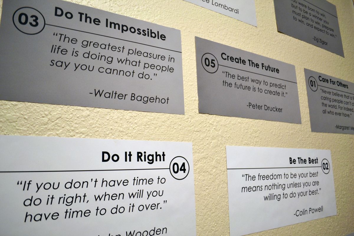 TTR's printed values and monthly focuses are printed and displayed on walls of the office.