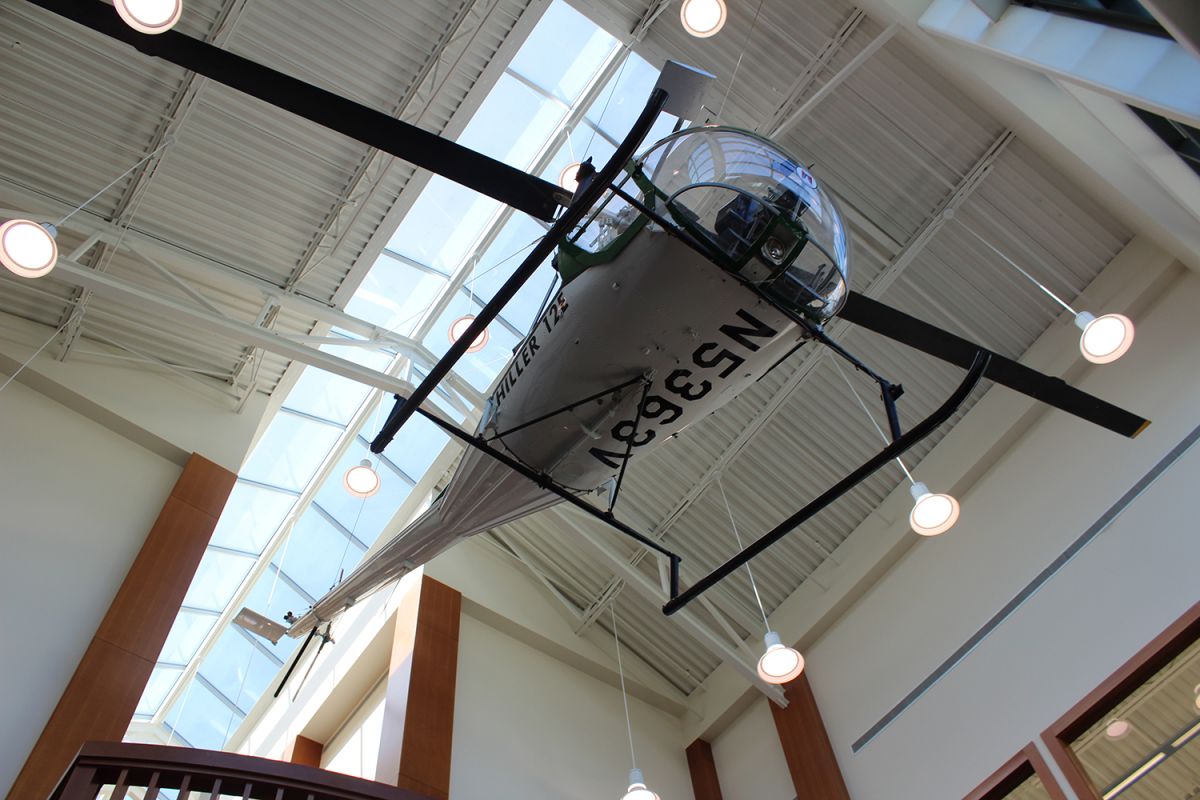 a helicopter hangs from Precision's ceiling