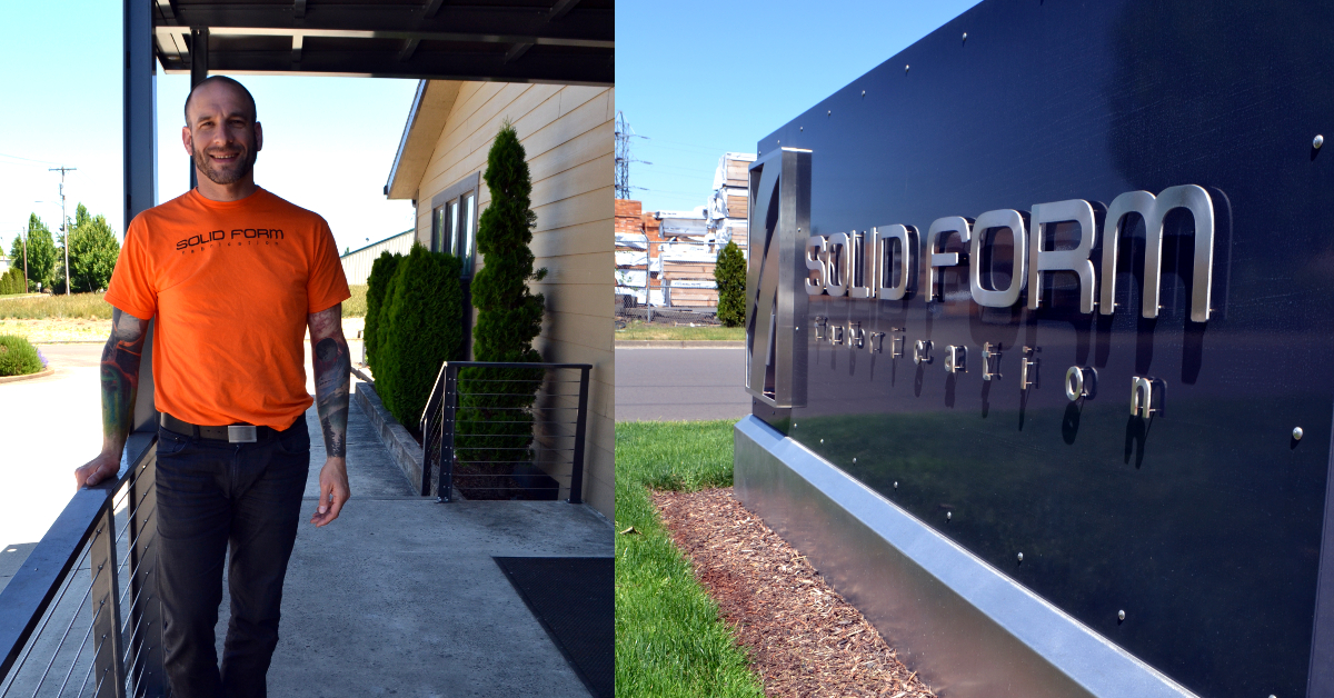 Deven Paolo stands outside the Solid Form Fabrication office